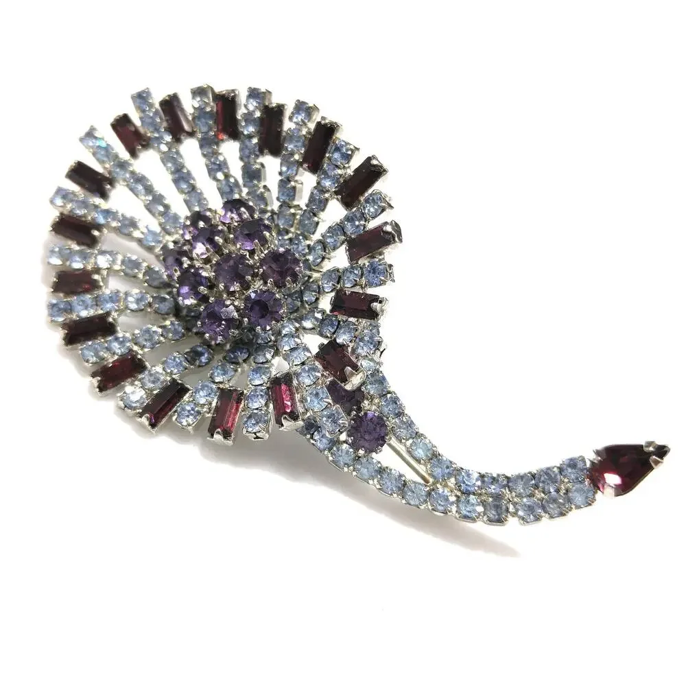 Vintage Hobe Rhinestone Brooch Purple Blue Rhodium Signed